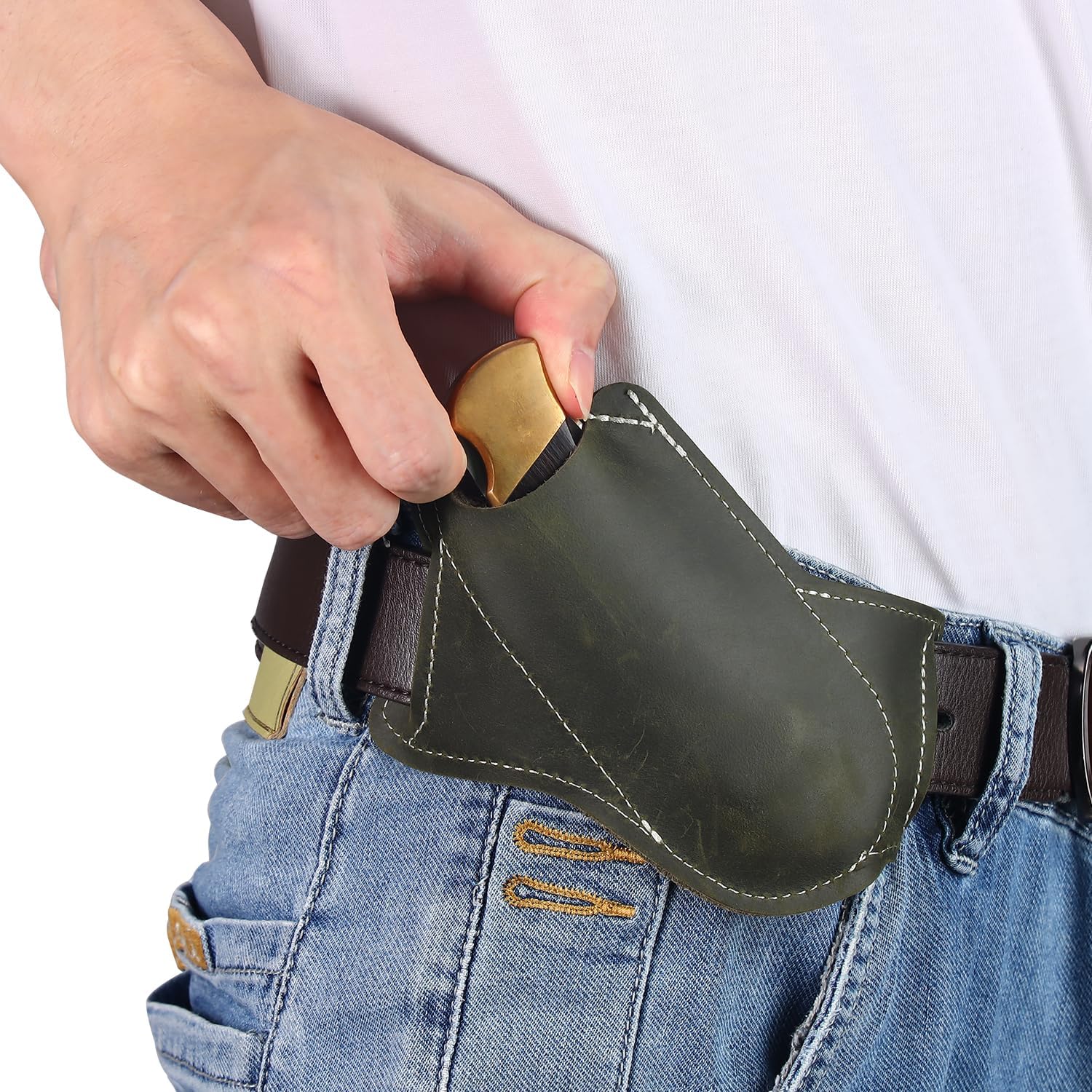 Pocket Knife Sheath for 5 inch, Knife Holder for Belt, Belt Knife Sheath, EDC Multitool Holster, Portable Folding Bulk Knives Pouch for Outdoor, Premium Handwork Gift for Men (Dark Green)