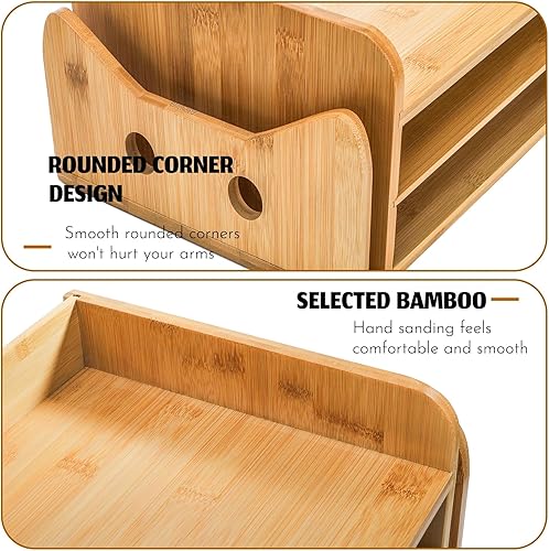 Miniatura 4 de ZOOFOX Bandeja de papel de 3 niveles, soporte para carpetas de cartas de madera con 3 bandejas y 2 secciones verticales, bonita bandeja de papel en