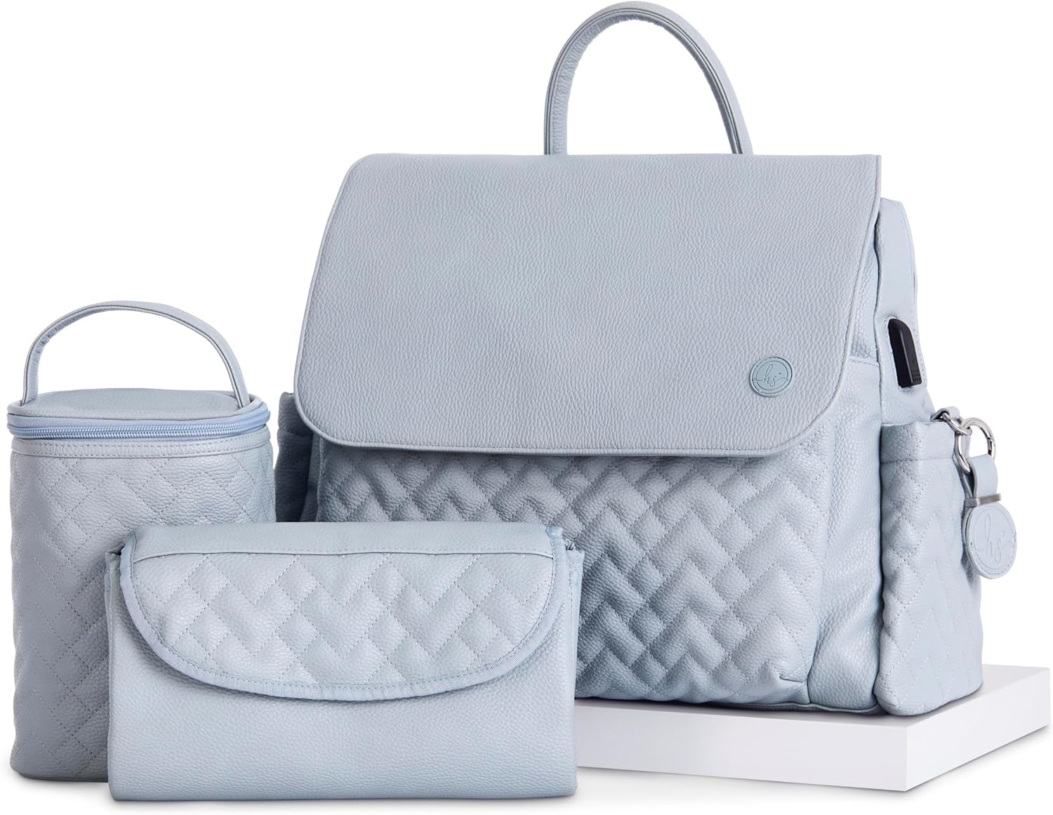 Hannah & Sophia Traveler Diaper Backpack, 4-piece Travel Baby Bag Set with USB-C Charging Port, 11-Pocket Organization System, Bottle Bag, Changing Pad & AirTag Keychain, Moonmist Blue