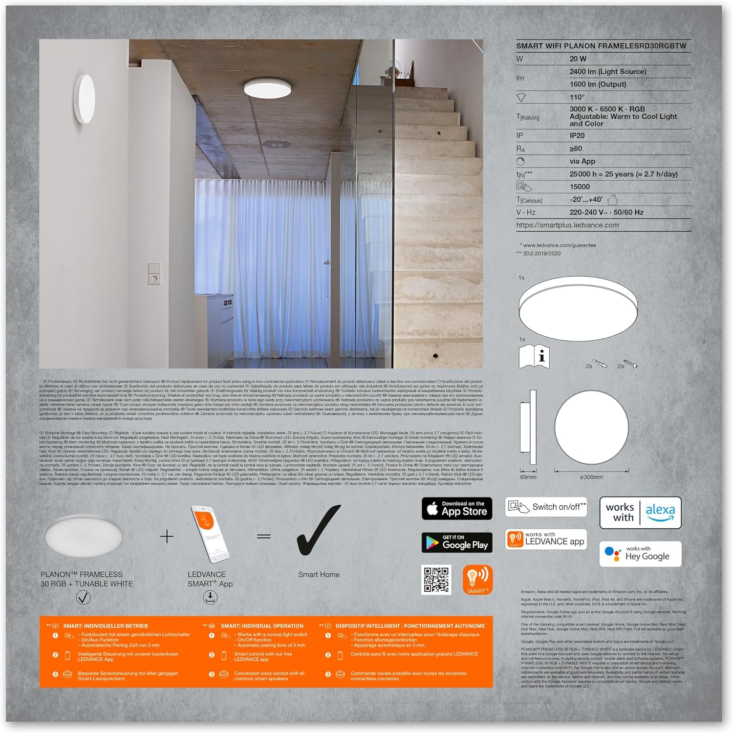 LEDVANCE Smart LED Ceiling Light technical specifications and app QR codes