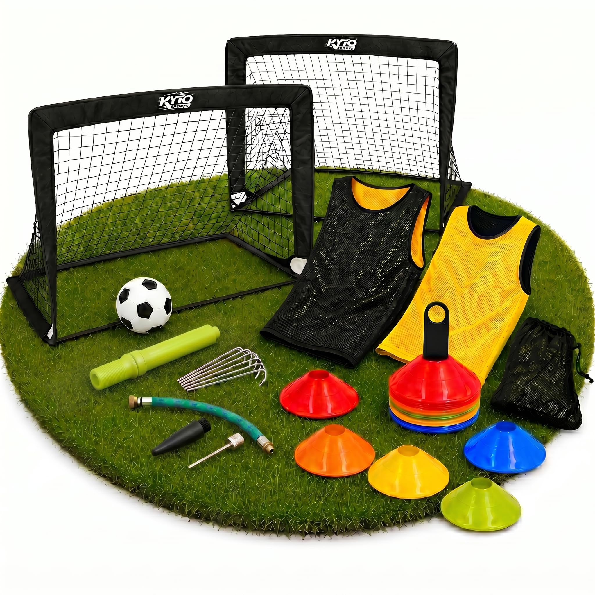 KYTO Fußball Trainingsset für Kinder, 2 Tore, 50 Markierungshütchen, 6 Leibchen in Größe M, Mini Ball, Pumpe, Tasche, Erdanker, Fußball Zubehör für Garten, Park und Training