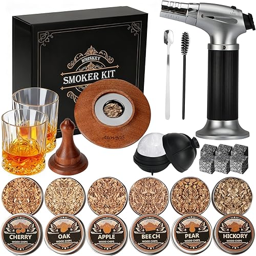 Kit de ahumador de whisky con antorcha, chips de madera de 6 sabores, 2 vasos, 6 piedras de whisky, kit de infusor de ahumador de cóctel, kit de