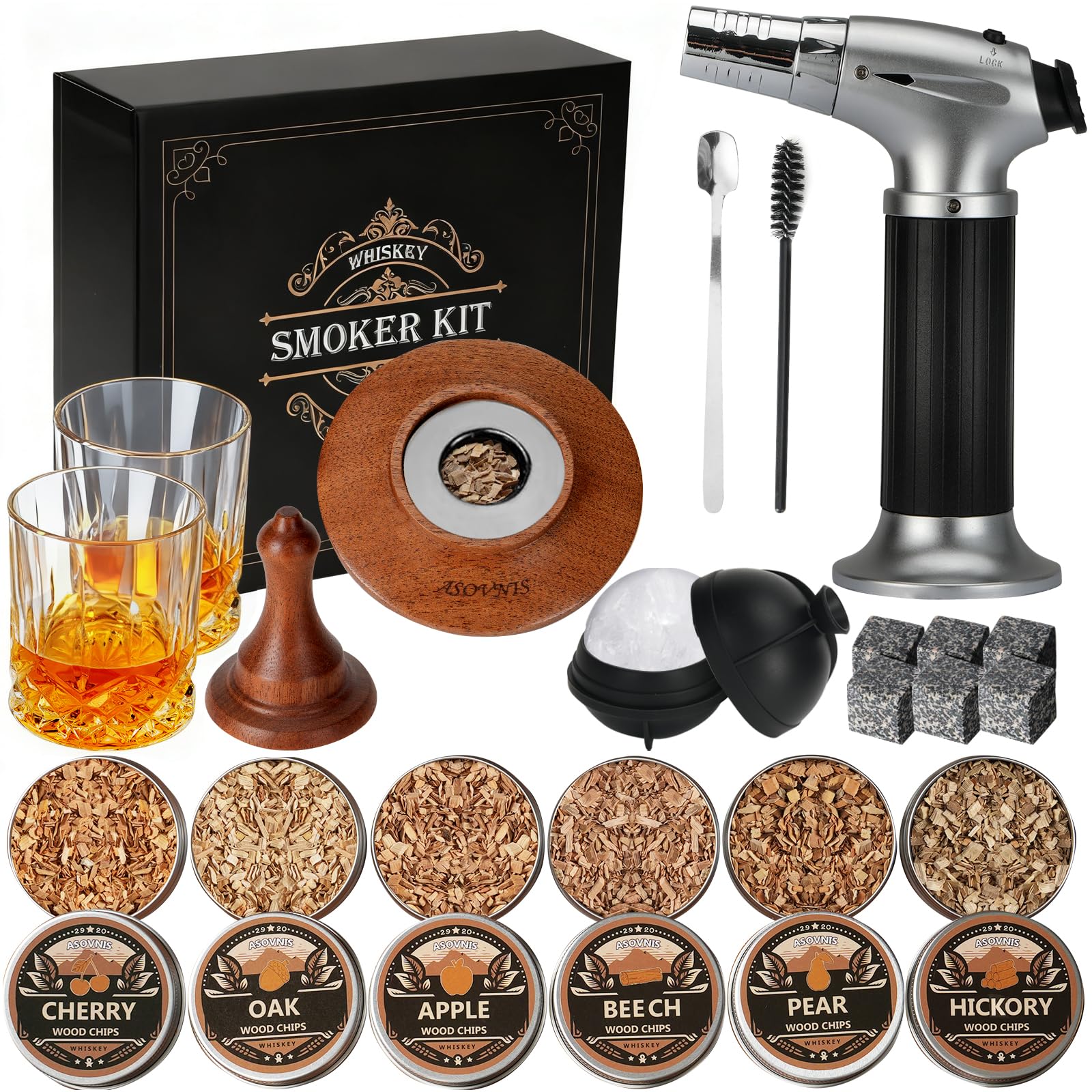 Kit fumoir à Whisky avec Torche – 6 Saveurs de copeaux de Bois, 2 Verres, 6 Pierres, kit d'infusion à Cocktail, Boisson Ancienne, Cadeau d'anniversaire pour Homme, Papa (sans Butane) (Ébène)