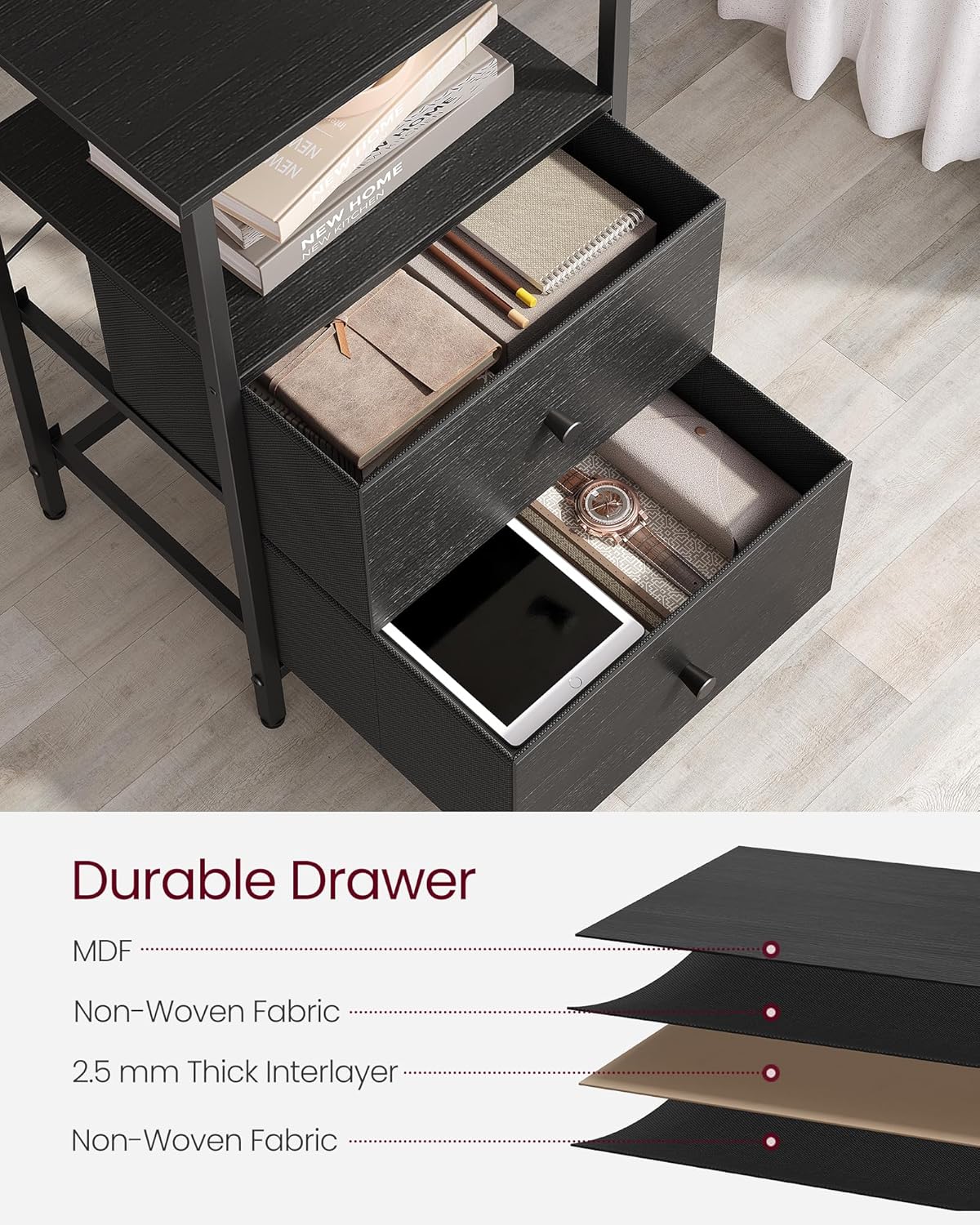 VASAGLE Nightstand Set of 2, Side Tables with 2 Fabric Drawers, 24-Inch Tall End Tables with Storage Shelf, Bedroom, Ash Black and Black ULGS225B21