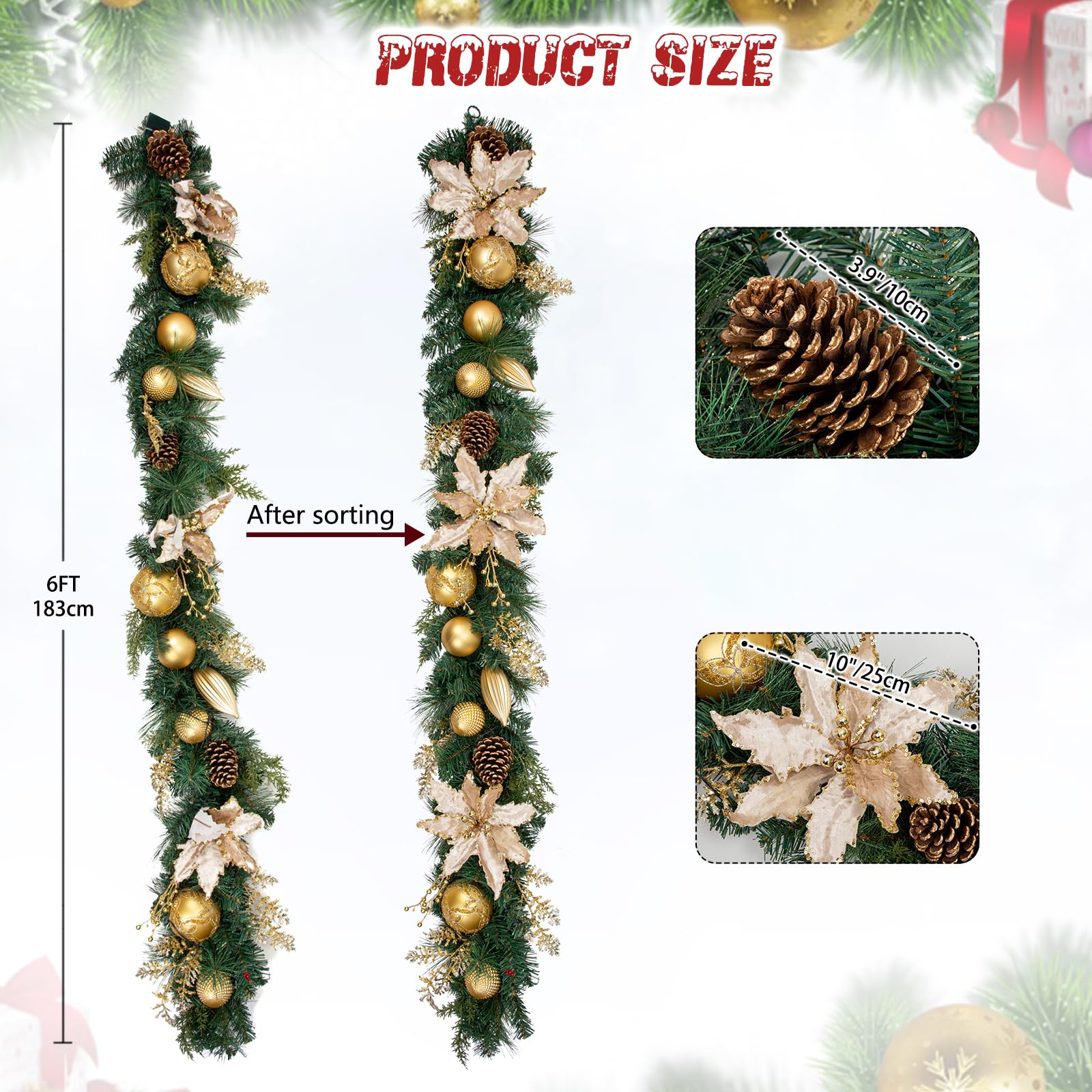 183cm Weihnachtsgirlande mit Dekorative Weihnachtskugeln und Weihnachtsmagnolie, Tannenzapfen Weihnachtsdeko Türkranz für Feste Advent, Hauswandbehang oder Weihnachtsdekoration