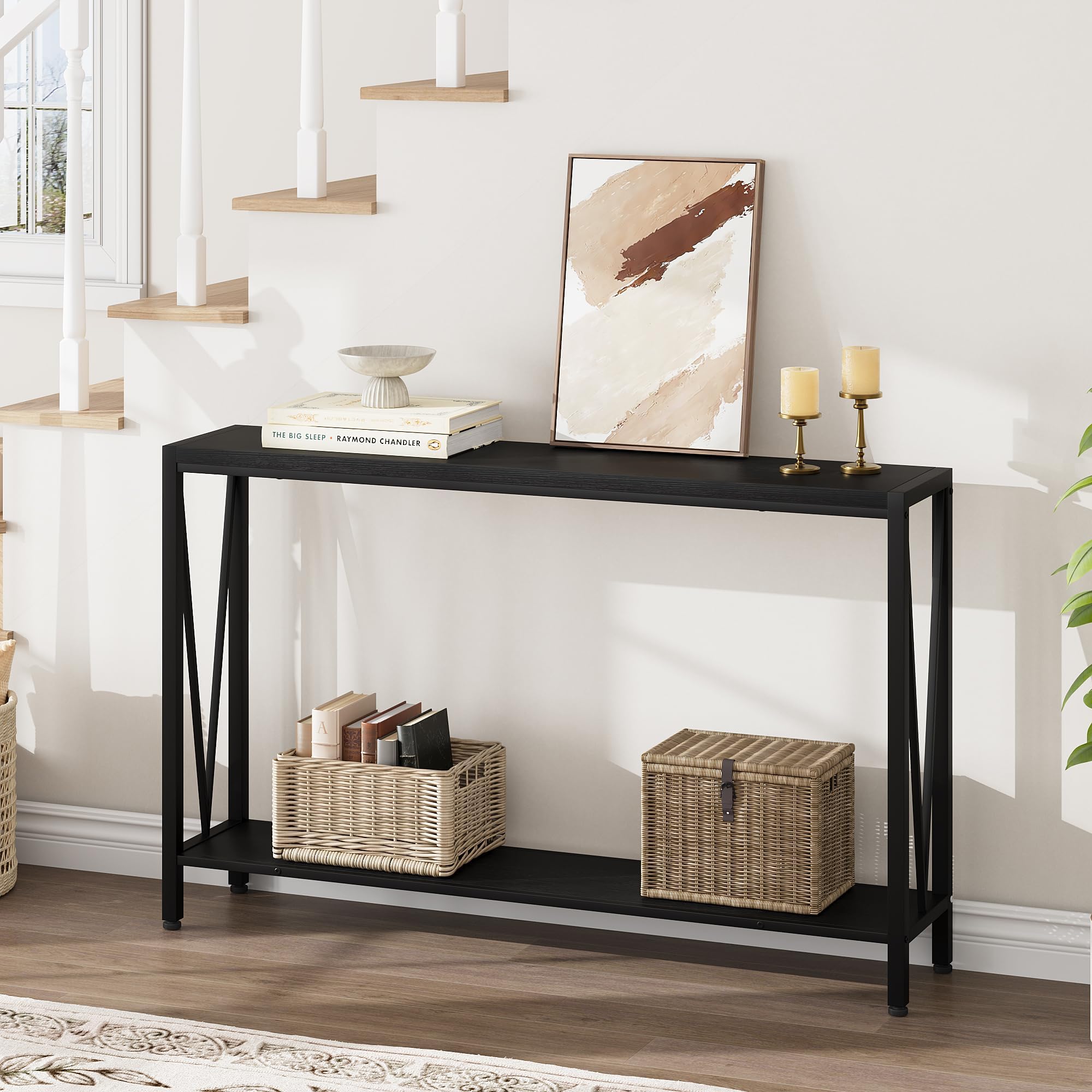 Garvee Tavolo Console Industriale, 110 cm a 2 Livelli con Ripiano, Stretto per Ingresso, Soggiorno, Ingresso - Nero