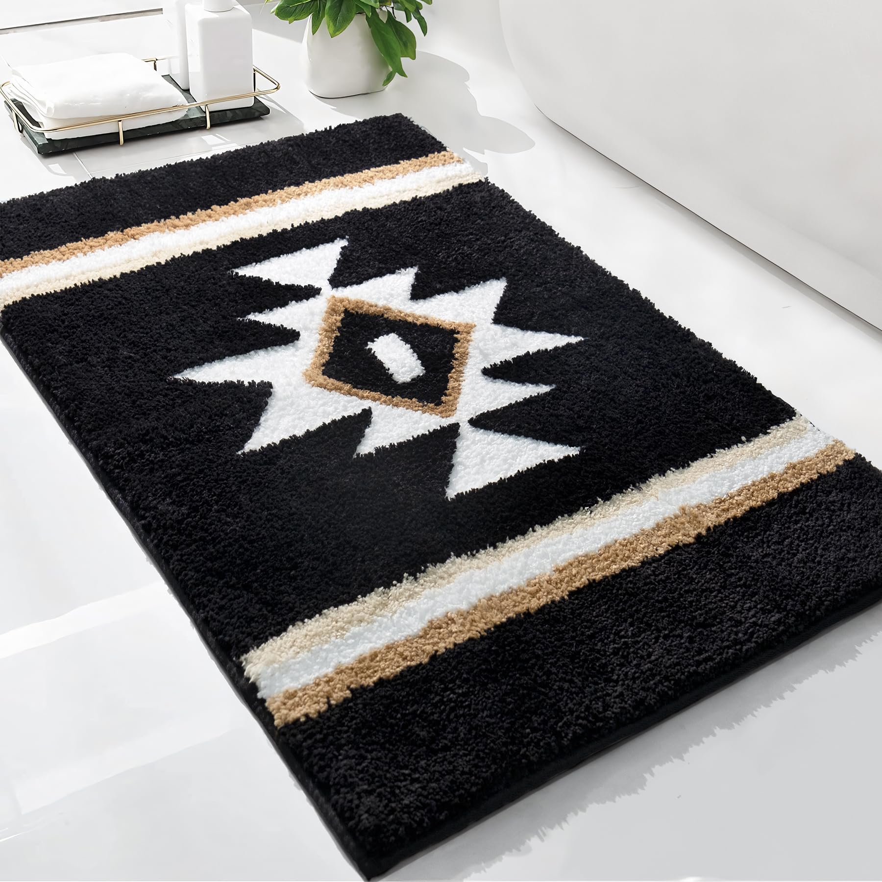 TANVILL Boho Bathroom Rugs Black Bath Mat Non Slip Soft Absorbent Western Geometric Bath Rug Luxury Plush Floor Mat for Farmhouse Bathroom Shower