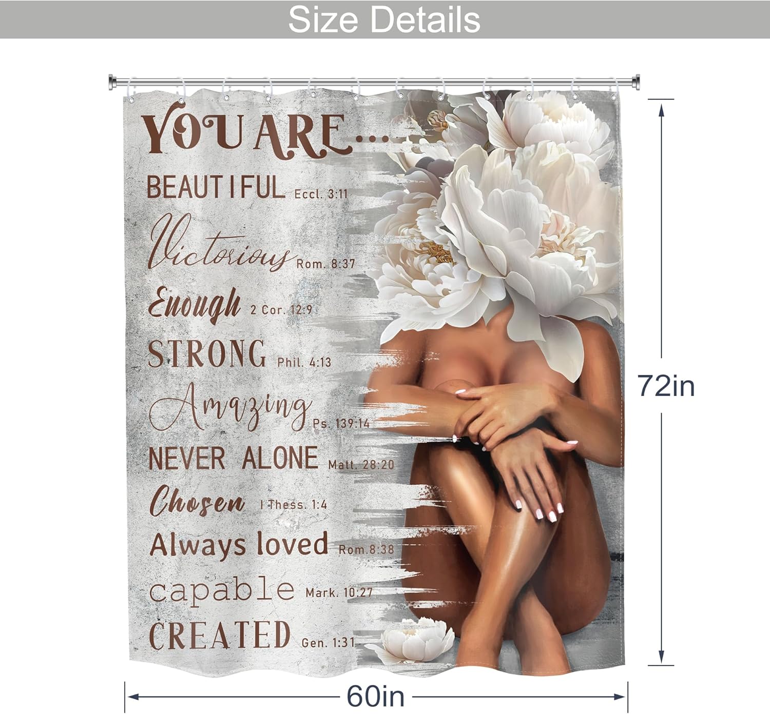 MESHELLY African American Bible Verse Shower Curtain 60Wx72H Vintage Retro Black Girl Floral Bathroom Curtain Christian Quotes Shower Curtain White Peony Black Women Bathroom Decor Fabric with 12 Hook