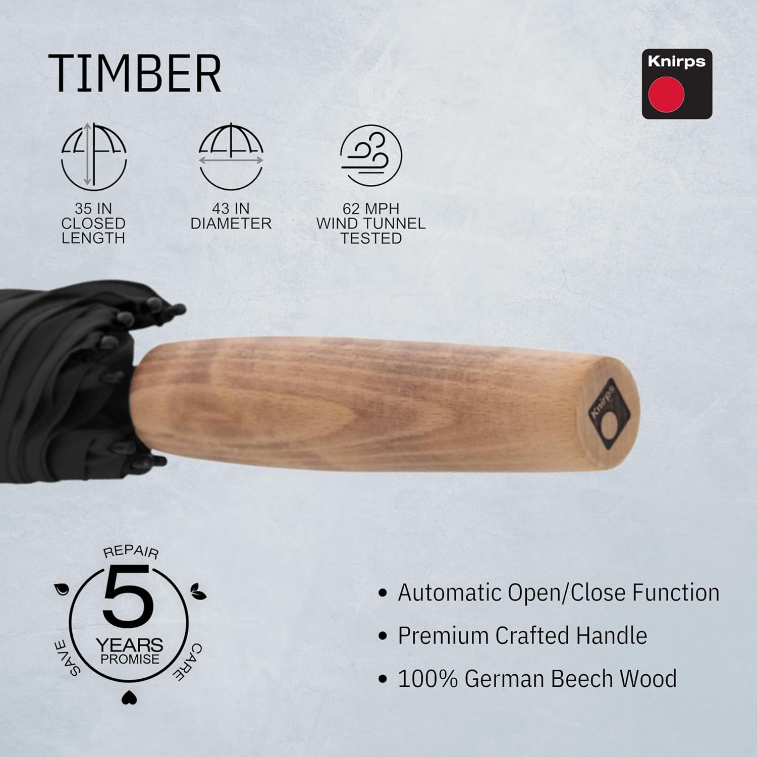 Knirps TIMBER Large Umbrella For Men & Women, Windproof Rain and Sun Protection On The Go Classic Walking Stick Style with Non Slip German Beechwood Handle, Full Coverage Water Resistant Canopy