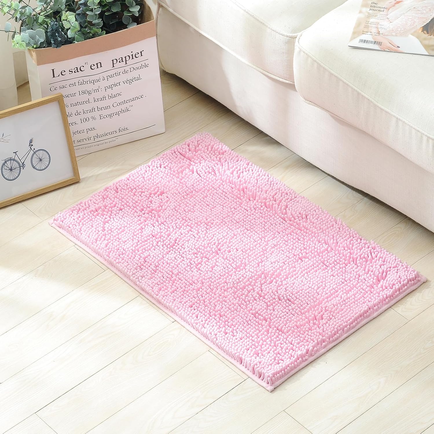 Pink Chenille Bathroom Rugs Set 2 Piece - Non Slip Absorbent Bath Mat for Shower, Quick Dry Machine Washable Floor Mats, Soft Plush, 20"x32"+U Shape 20"x20" Inch