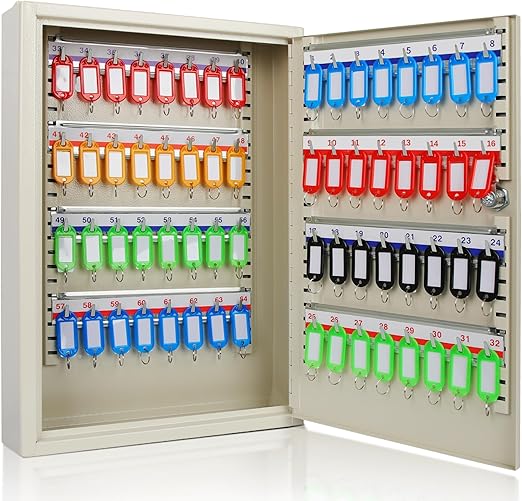 ORIENTOOLS Key Box Steel Key Safe Cabinet, Wall Mount Key Holder Lock Box with Key Tags, Key Organizer Ideal for Home, Hotels, Valets and Office Key Storage (64 Keys, White)