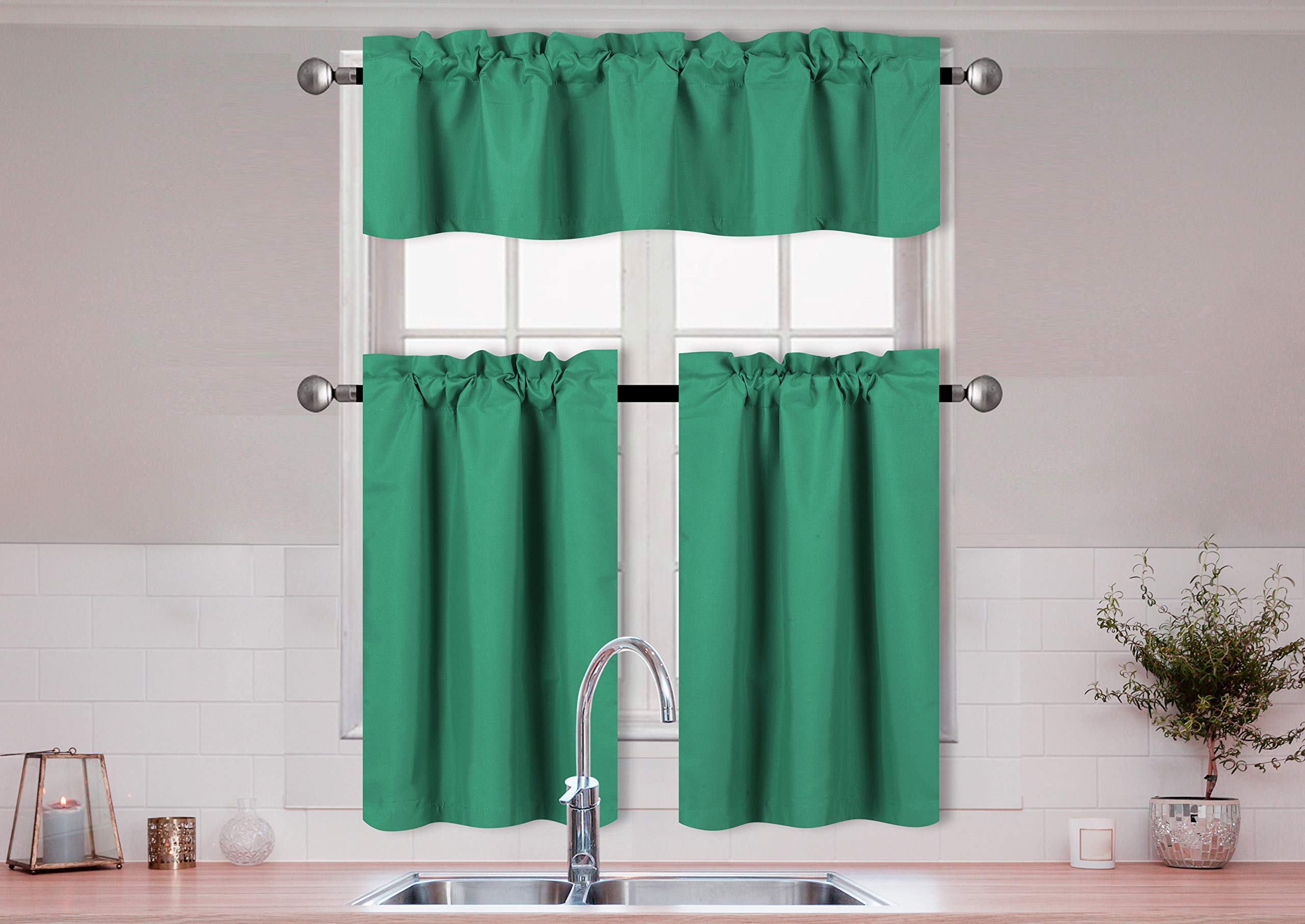 Better Home Style 3 Piece Solid Color 100% Blackout Kitchen Window Curtain Set with Tiers and Valance Solid Energy Efficient Thermal Room Darkening