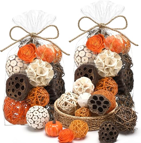 Riceshoot Orange 2 Pack Potpourri Decorative Balls Bowl Filler Decor Summer Natural Vase Bowl Filler Centerpiece Assorted Spherical Sunflower Lemon Rattan Twigs Wicker Ball Cotton for Home