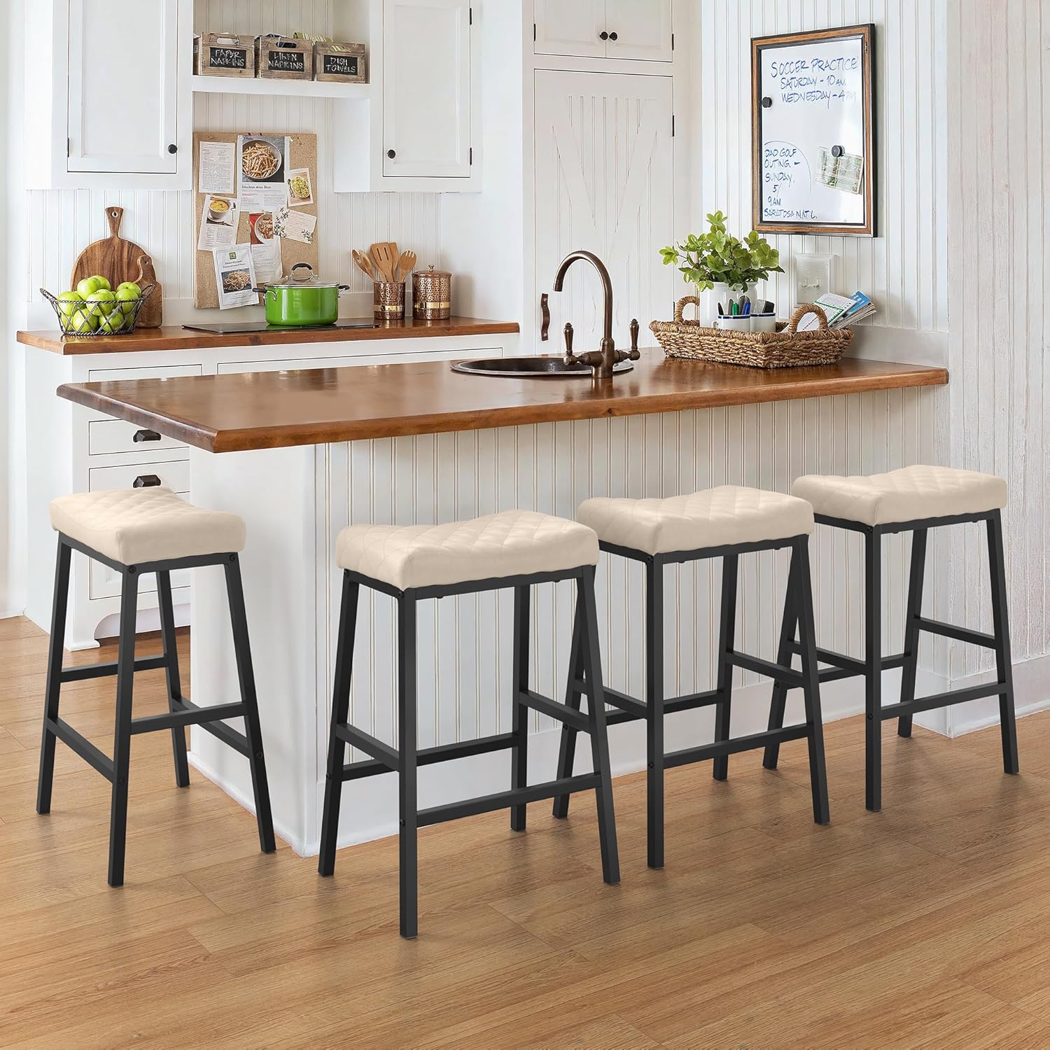 Counter Height Bar Stools Set of 4, Barstools with Thick PU Leather Saddle Seat & Sand Metal Legs, 24 Inches Kitchen Counter Stools, Apricot Gray
