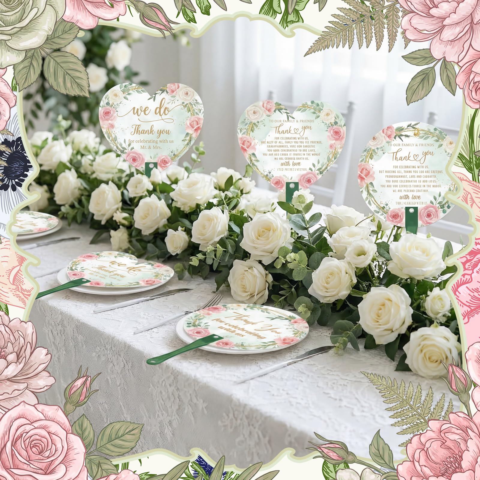 Yalikop 100 ventagli a mano per invitati al matrimonio, con foglie verdi