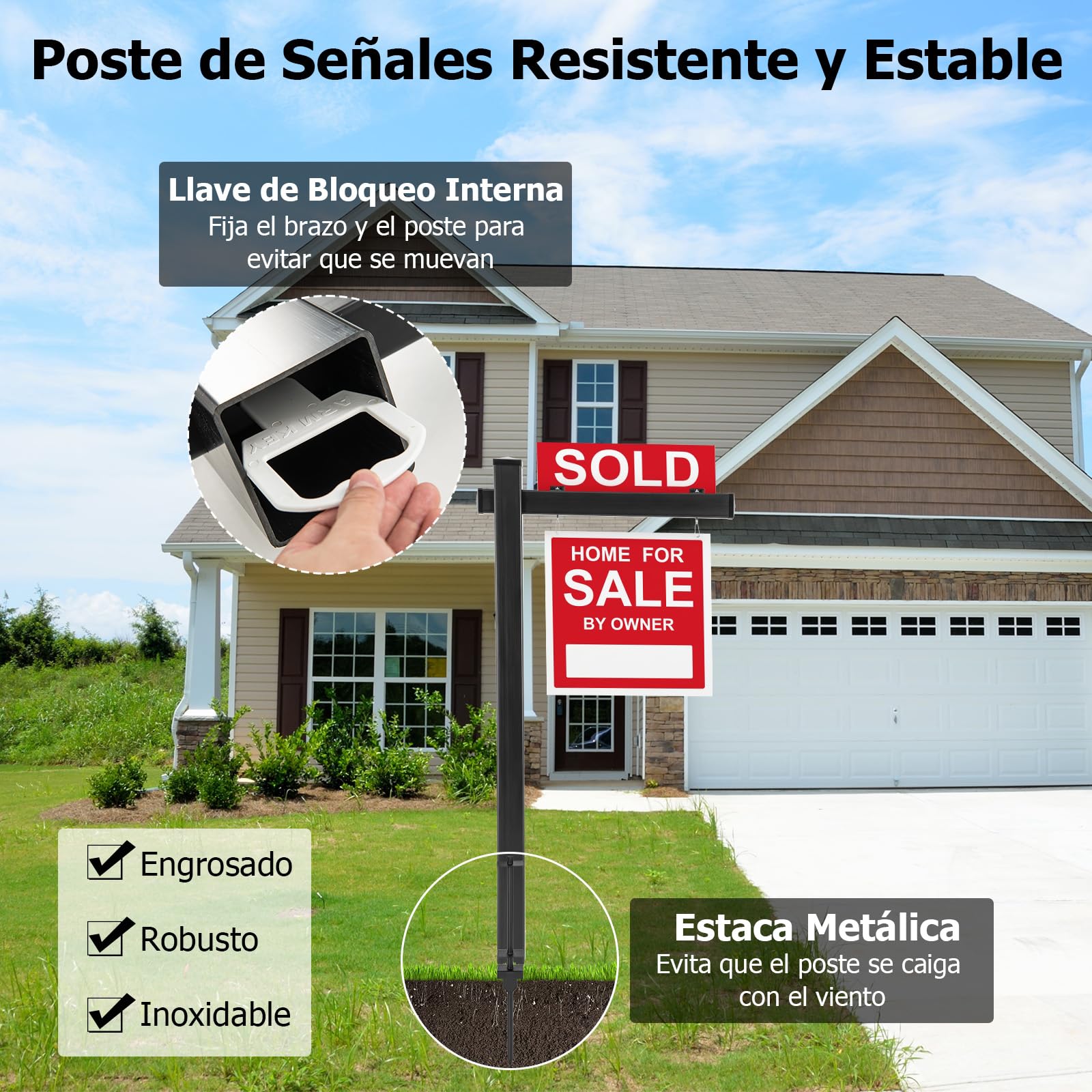 GOPLUS 183 cm Poste de Vinilo UPVC Inmobiliario, Poste de Letrero con Estaca de Acero, Brazo de 91,5 cm, Compatible con Carteles de Hasta 61 cm, Para Venta y Alquiler, Cartel No Incluido (Negro)