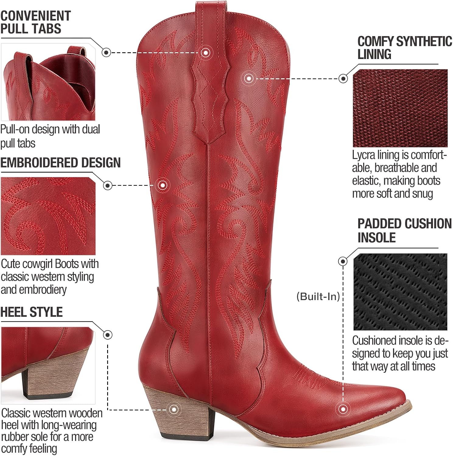 Rollda Cowboy Boots for Women Size 8 Red Cowgirl Boots Embroidered Knee-High Western Boots Pointy Toe with Chunky Heel