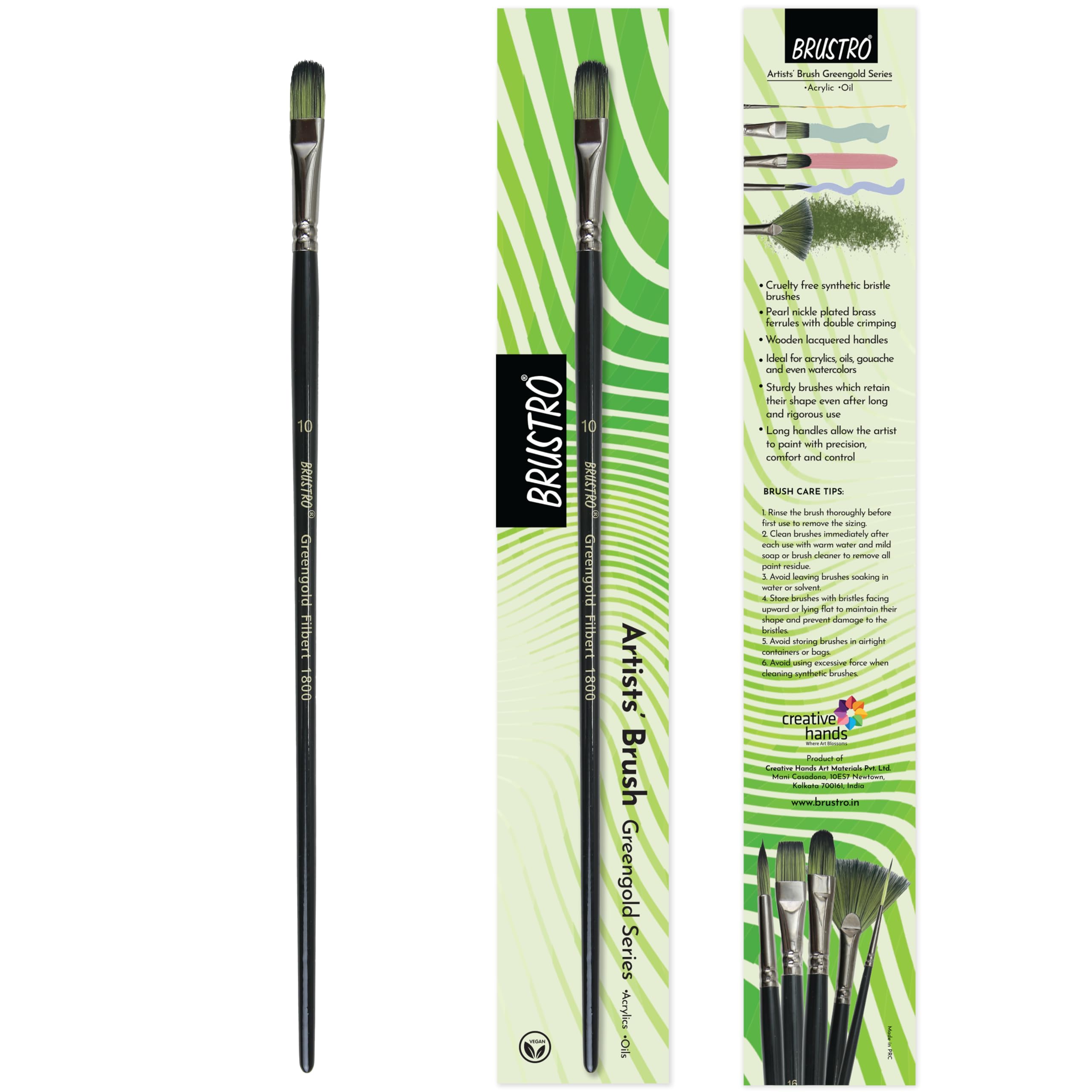 BRUSTRO Artists Greengold Acrylic Brush Filbert Series 1800 - Size - 10 | Ideal for Oil, Acrylic Painting on Paper, Canvas, Fine Art Students and Professional.