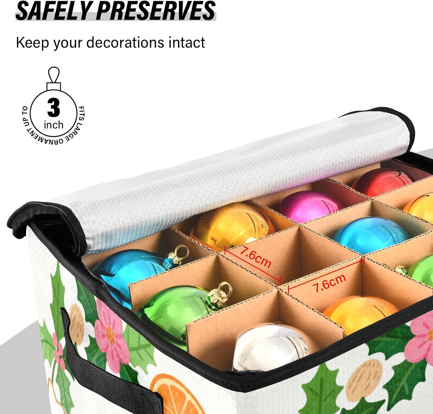 High Capacity Christmas Ornament Storage Box Holds Up to 64, Two Handles Holiday Storage Case with Lid,Merry Christmas White