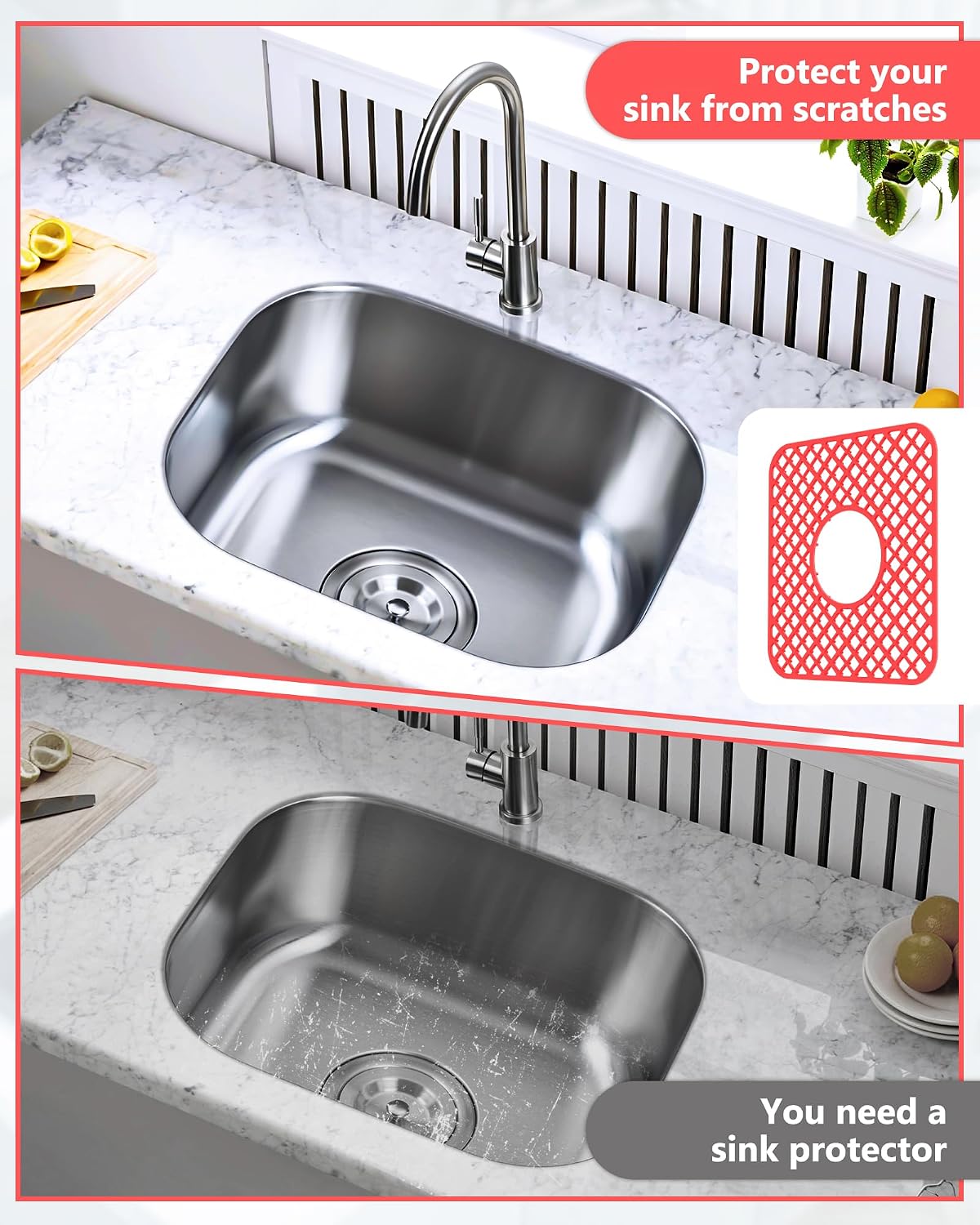 2 Pack Silicone Kitchen Sink Protector Mat, Trellis 12 x 11" Red