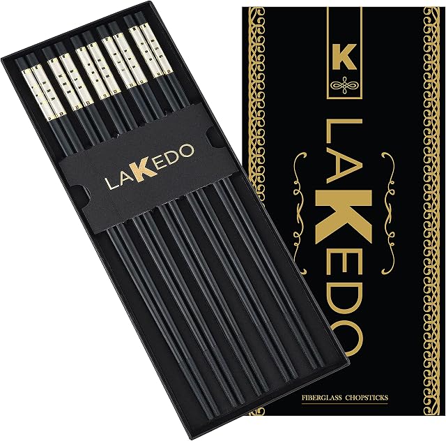 LAKEDO Chopsticks (5 Pairs Pack) Fiberglass Chop Sticks Reusable Set Japanese Chinese Korean - Perfect for Kitchen & Dining, Anti-Skid Design, Easy to Clean