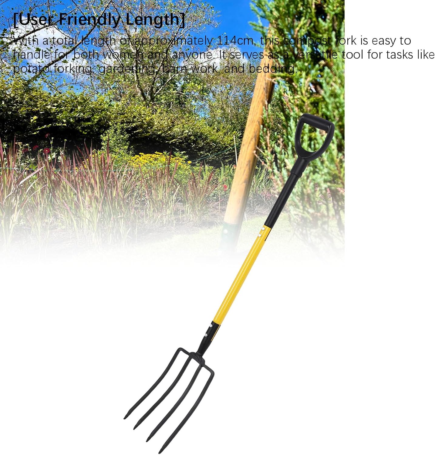 Tissting 4-Tine Garden Pitchfork, 46 Inch Y Grip Digging Fork for Composting, Heavy Duty Iron Spading Fork with Wood Handle for Gardening, Farming, and Soil Cultivation Tool