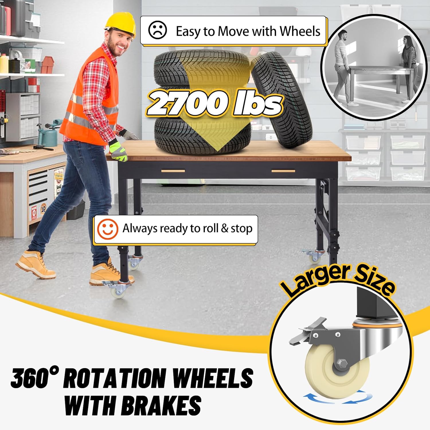 60" Work Bench with Drawers Storage, Adjustable Workbench for Garage with Wheels, Power Outlets, Bamboo Wood Top Workbench Work Table (59x23.6)