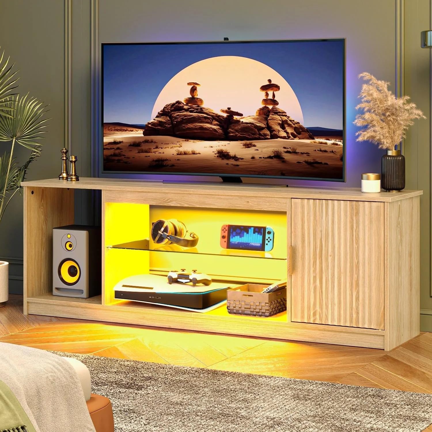 Bestier TV-Schrank 145x35x52 cm für Fernseher bis 65 Zoll mit RGB LED-Beleuchtung (22 Farben) & verstellbaren Glasböden - Lowboard für Wohnzimmer, Schlafzimmer