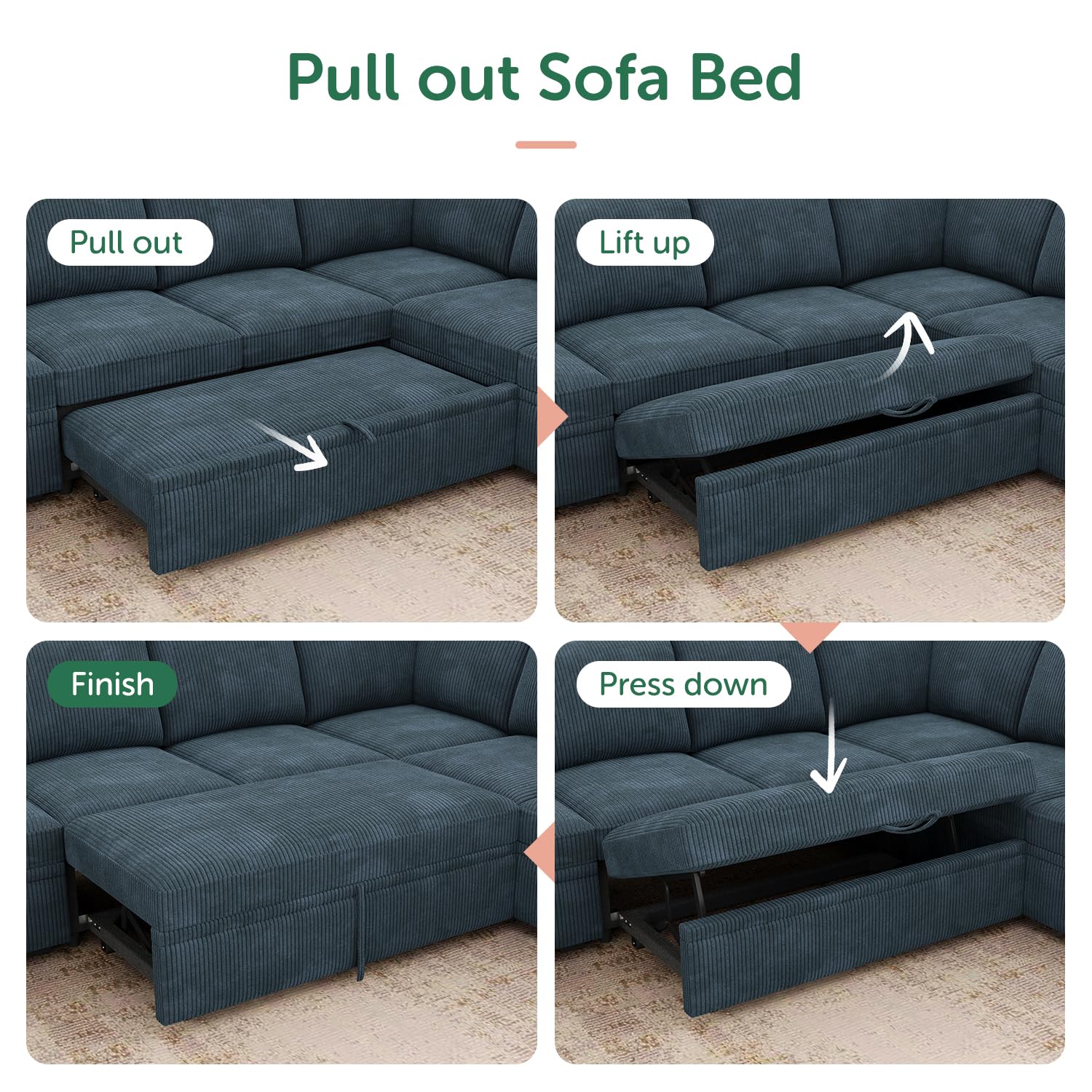 HONBAY Modular Sectional Sleeper Couch with Pull Out Bed, Corduroy L ...
