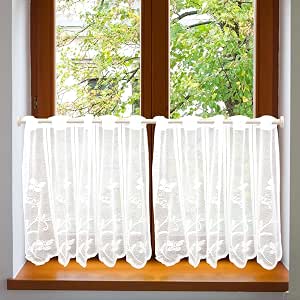 Rideaux Voilage Blancs - Motifs Papillons & Fleurs Jacquard - 60x90 Cm (Lot De 2) - Cuisine, Salon, Salle De Bain