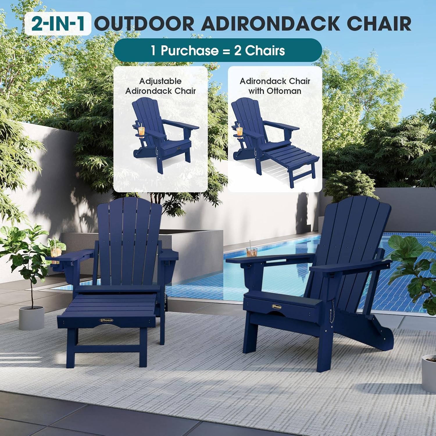 THOEOE Adjustable Adirondack Chairs with Retractable Ottoman Set of 2, HDEP Folding Adirondack Chair with Footrest & Cup Holder, All Weather Fire Pit Chair for Outdoor,Navy Blue