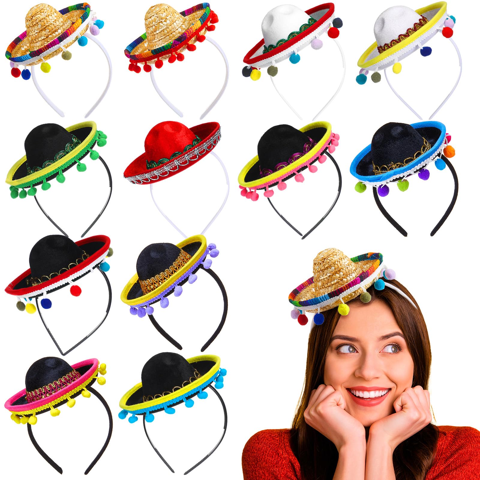 Mumufy 12 Pcs Cinco De Mayo Sombrero Headband Hats Bulk Mini Hat Headband with Fiesta Fabric Mexican Theme Decorations(Stylish)