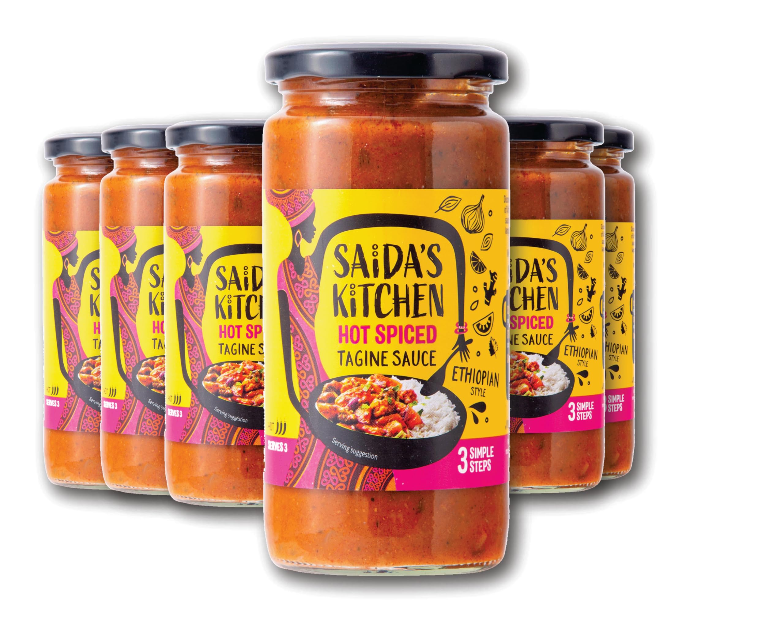 Saida's Kitchen | Hot Spiced Ethiopian Tagine Cook-in Sauce 6 x 370g jar. Authentic Gluten Free, Vegan, Ready to Serve Sauce with No Added sugars