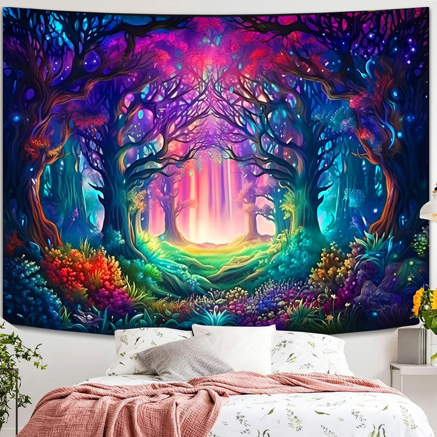 Simpkeely Blacklight Fantasy Forest Tapestry, UV Reactive Nature Magical Tree Glow Wall Hanging Tapestries for Bedroom, Living Room - 51.2" x 59.1"