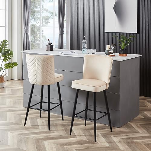 Cozy Castle Velvet Modern Counter Stool Set of 2, 26-Inch Bar Stools with Metal Frame, Striped Tufted Back Stool Chair for Kitchen Counter, Dining Room, Beige