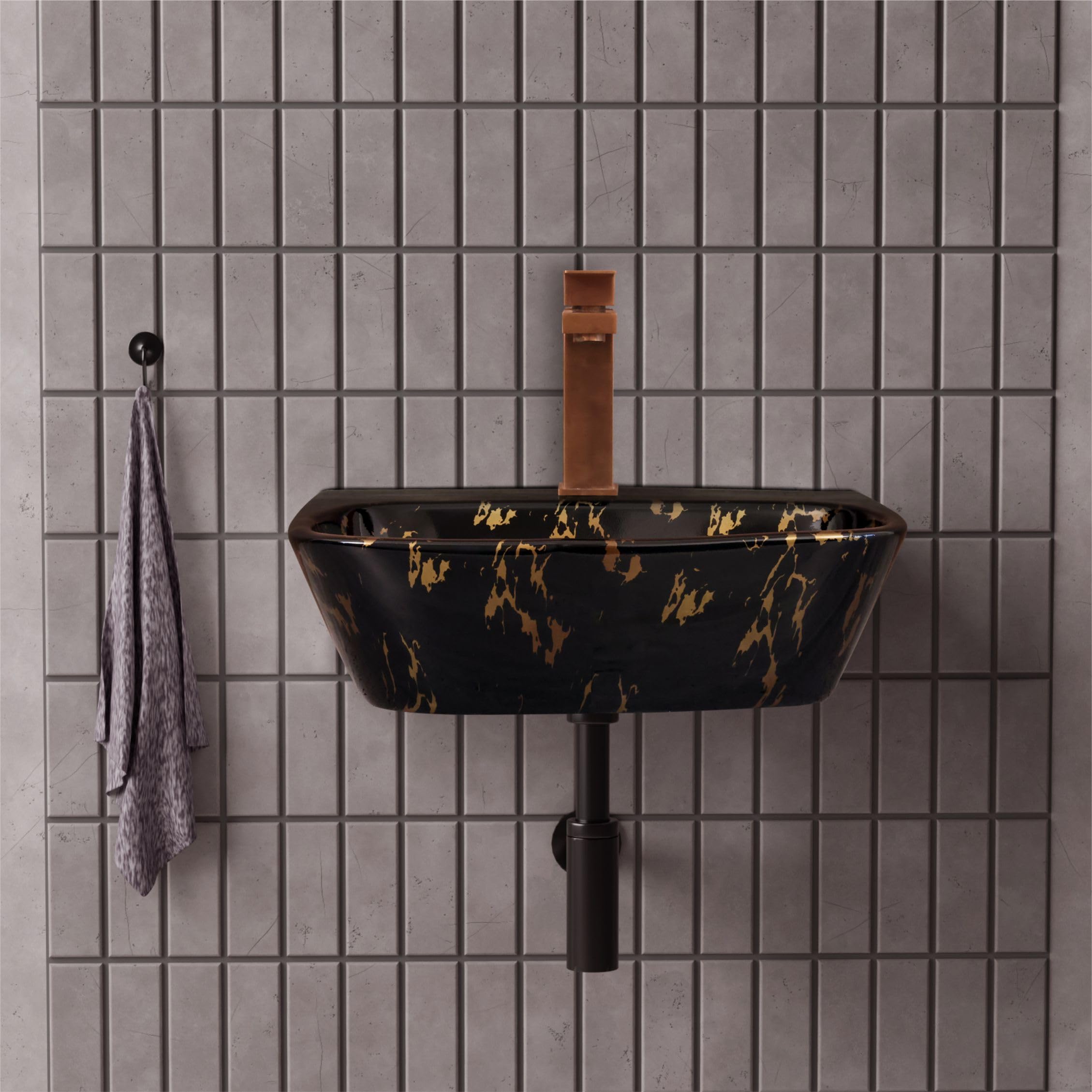 HISRE Wall Mount Wash Basin 17 x 12 x 5 Inch | Black Brown Marble Finish Ceramic Sink | Modern Rectangular Bathroom Basin for Home, Office, and Hotels, photo 2 of 5