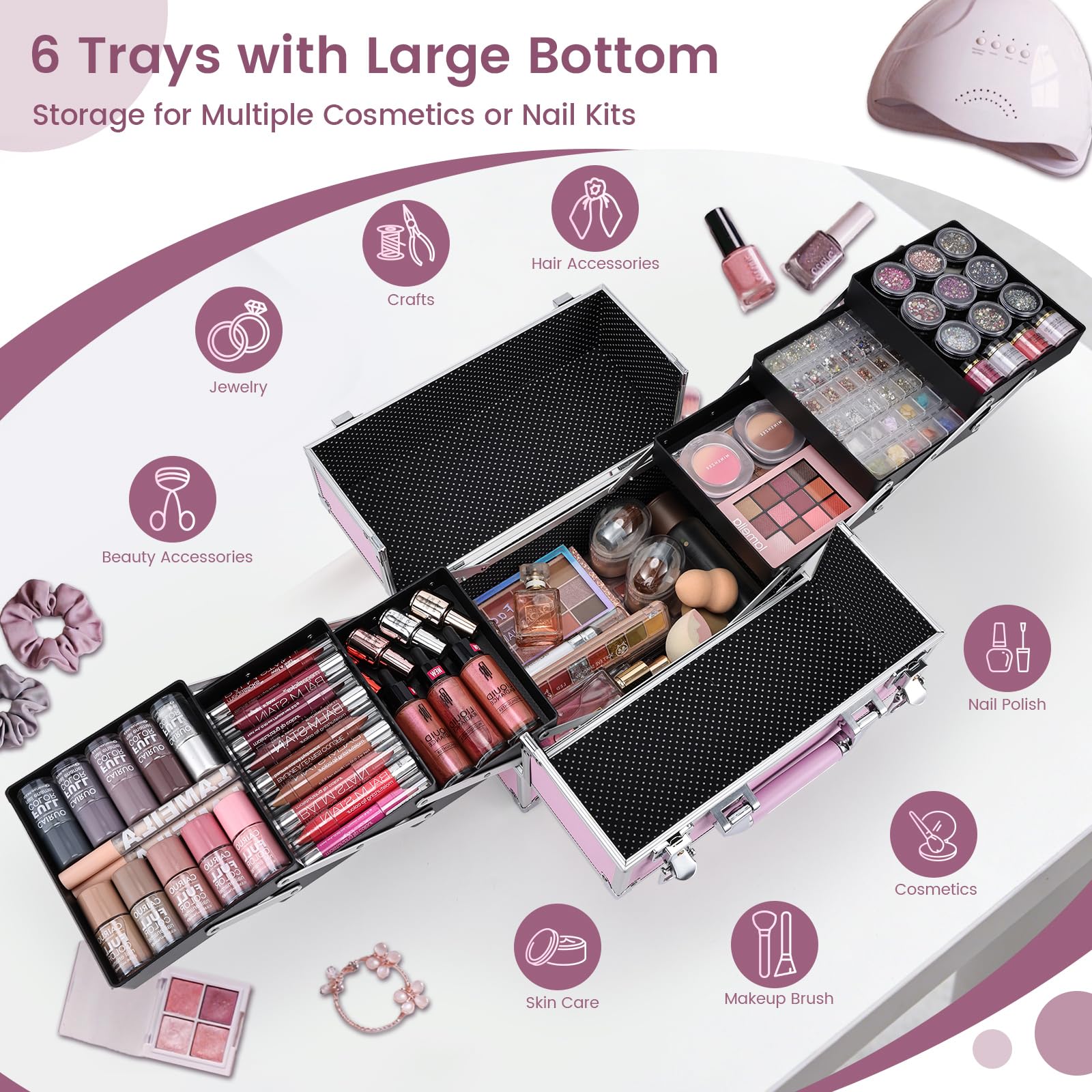 FRENESSA Hard Makeup Train Case Cosmetic Organizer with Lockable Travel Storage