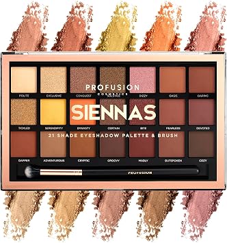 Profusion Cosmetics 21 Shade Eye Shadow Palette Collection & Brush, Siennas