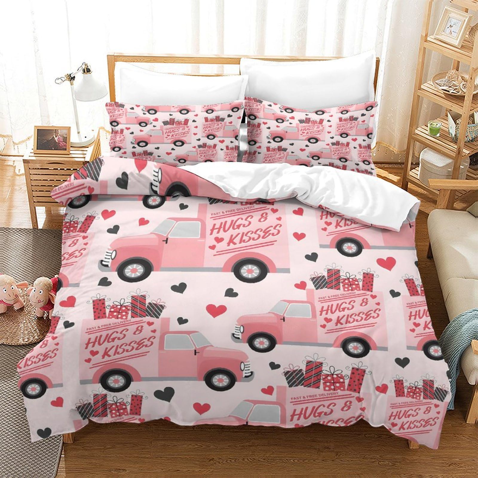 GDEKCIEAS Valentine's Day Pink Theme Bedding Set for Boys,3 Pieces Duvet Cover Microfiber with Zipper,Ultra Soft And Breathable Quilt Cover for Teens And Kids Super King（260x220cm）