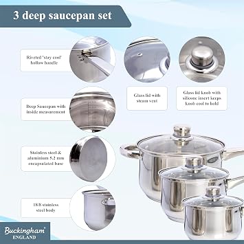 Buckingham Stainless Steel Saucepan Set of 3 Induction Compatible Cookware Pan Pot Set Premium Quality