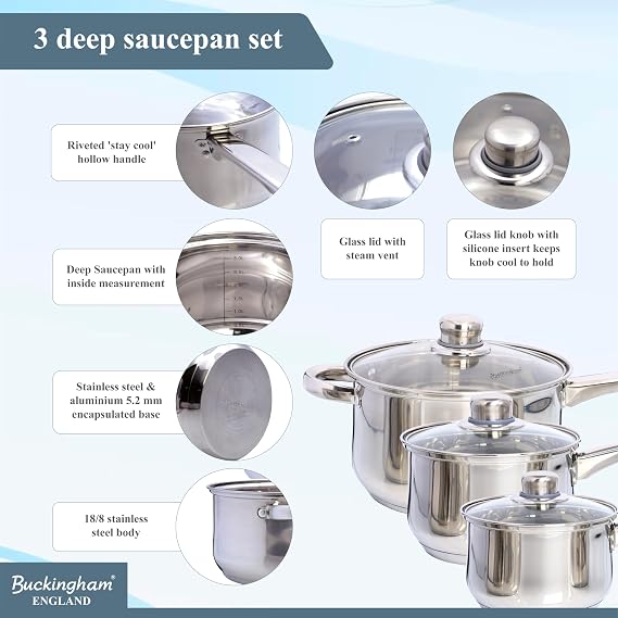 Buckingham Stainless Steel Saucepan Set of 3 Induction Compatible Cookware Pan Pot Set Premium Quality