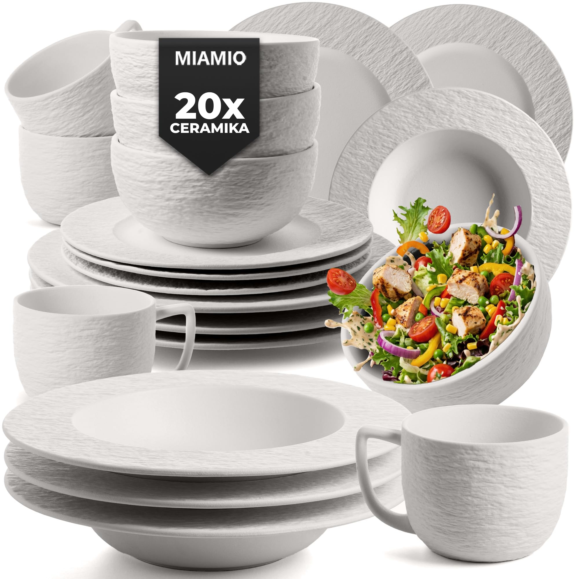MIAMIO – 16-częściowy zestaw naczyń/nowoczesne naczynia ceramiczne/naczynia do jedzenia/zestaw dla 4 osób – kolekcja Oasis (biały, 20 x)