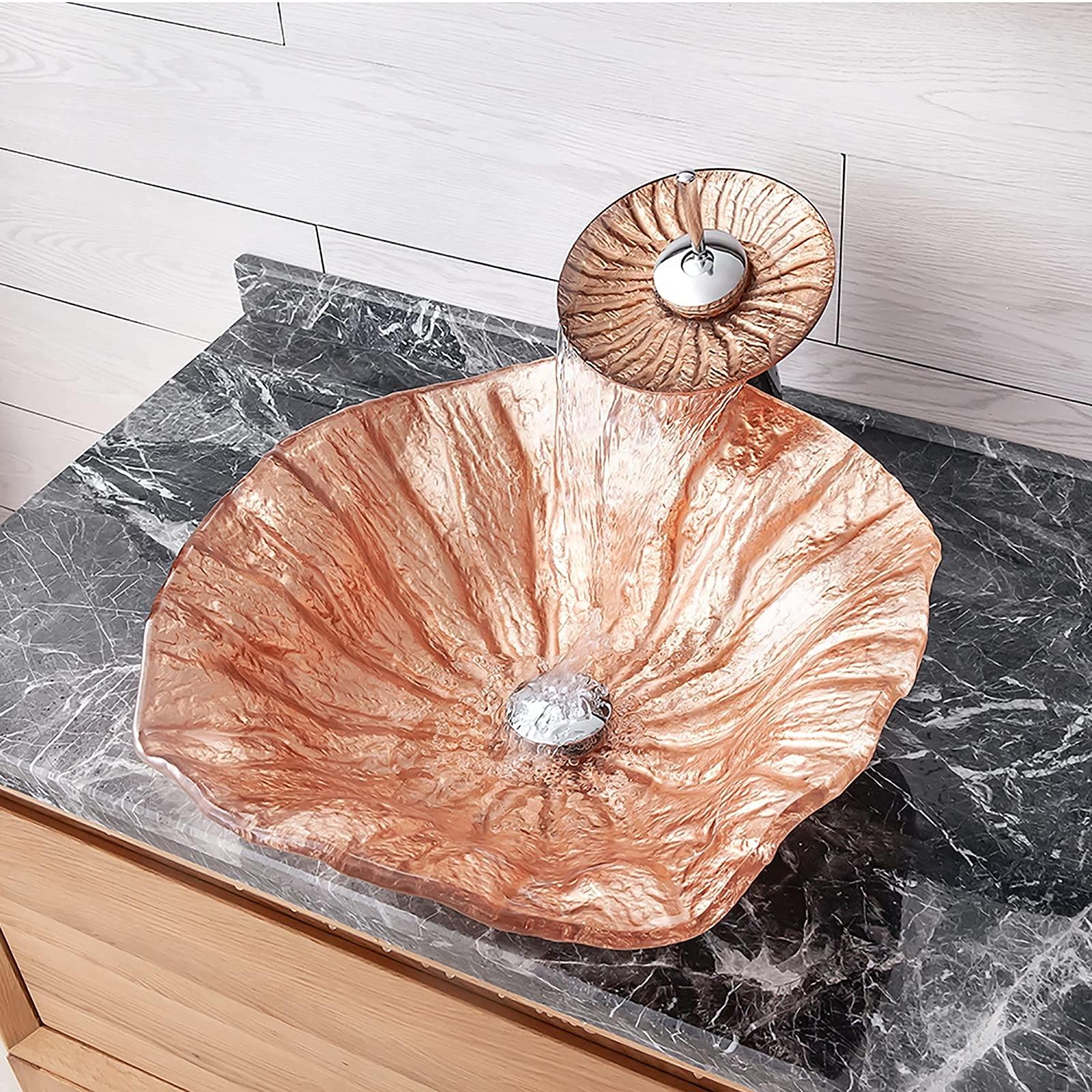 Lavabo de Recipiente para baño con Grifo y desagüe Combo Lavabo de Recipiente Lavabo de encimera de Vidrio Templado Lavabo de encimera de Forma Irregular Lavabo de Arte sobre encimera
