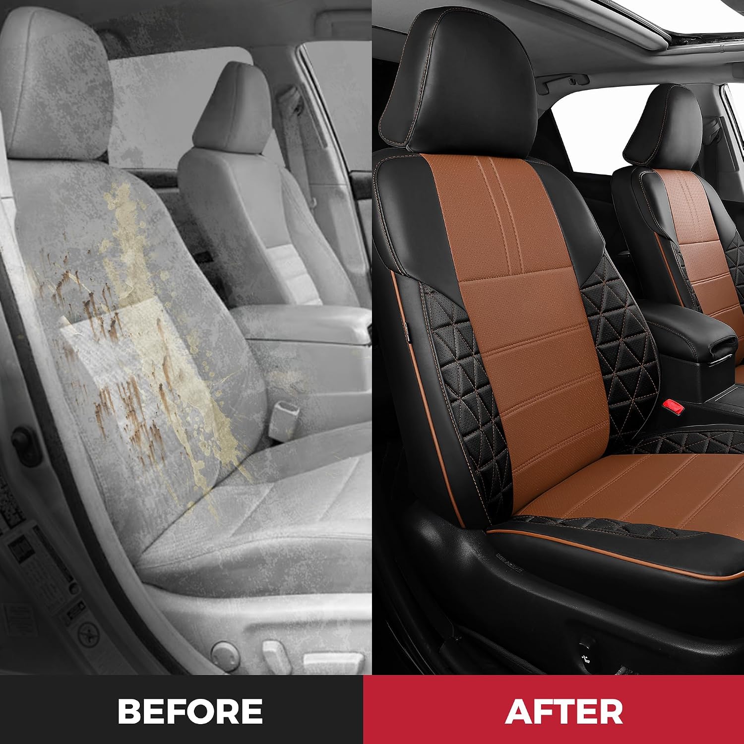 FREESOO Toyota Camry Seat Covers Full Set Custom Fit for SE/SE Sport/XSE 2017 2016 2015 2014 2013 2012 Models, Premium Waterproof Leather Car Seat Protectors (Black Brown)