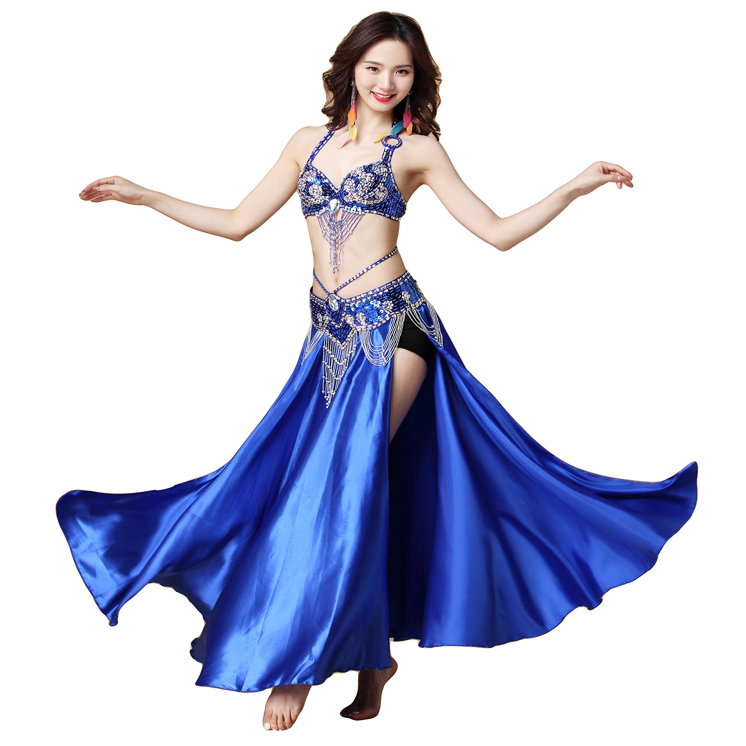 Baisdan Women's Navy Blue Arabic Belly Dance Halloween Carnival Fancy Dress Costume Dancing Outfit Top Belt Skirt Suit Large