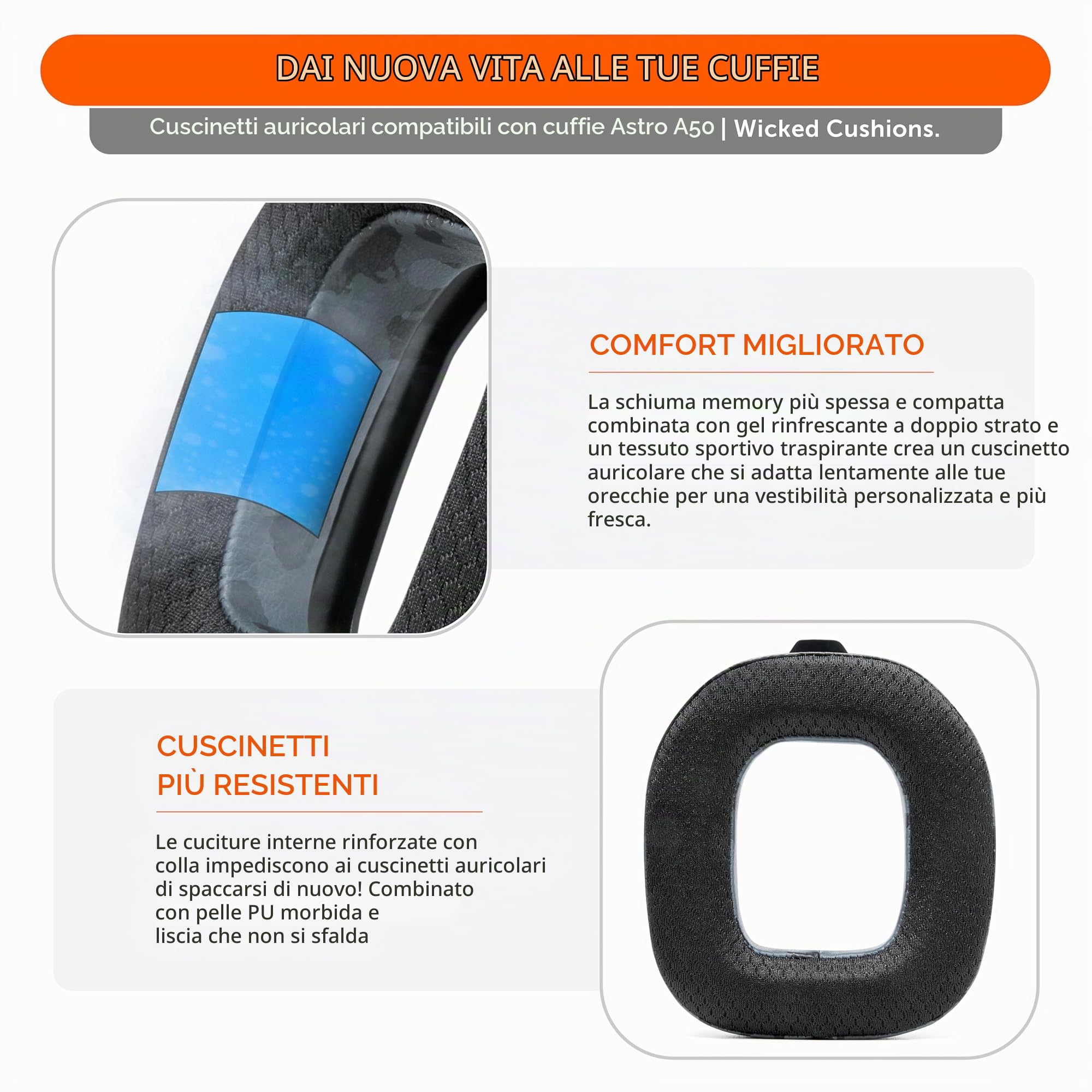 WC Mod Kit A50 - Cuscinetti auricolari in gel rinfrescante + fascia di ricambio per Astro A50 Gen 4, Gen 5 e A50X di Wicked Cushions | Comfort, raffreddamento e durata migliorati | Black Camo