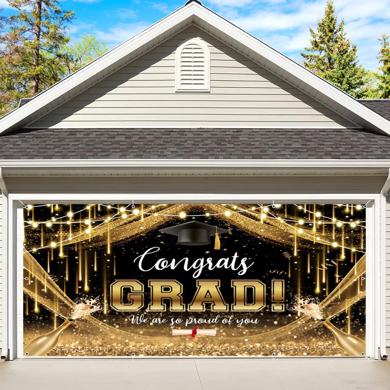 Graduation Garage Door Banner 7x16ft Class Of 2026 Congrats Grad Backdrop Black and Gold Graduation Party Decorations Large Congratulations Graduate Background Prom Party Backdrop Garage Door Cover