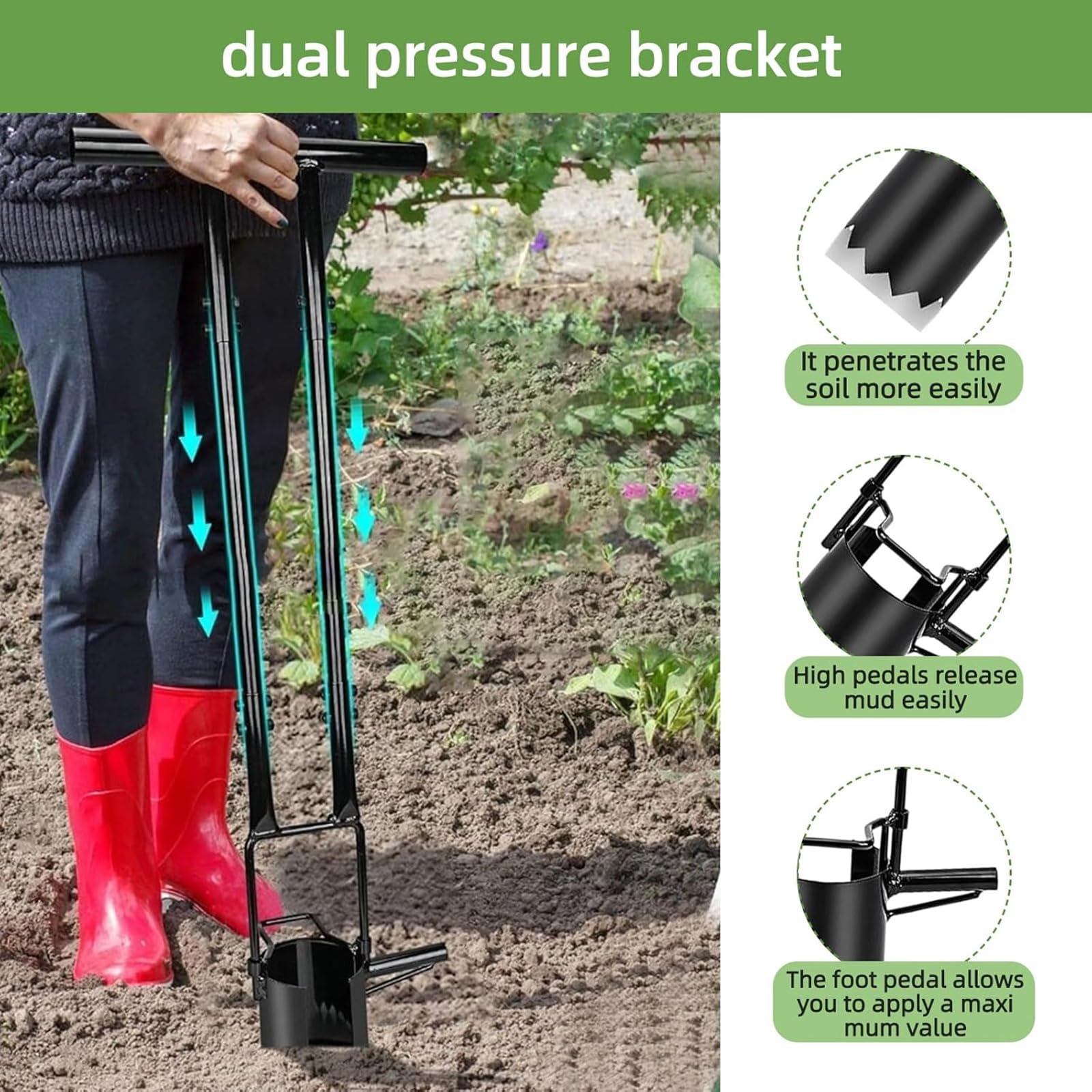 Plantador De Bulbos con Mango Largo, Trasplantador De Bulbos para Jardinería, Base Dentada, 100 Libras De Carga Y Un Tubo De Acero De 20 Mm De Diámetro, Robusto Y Ahorrador De Trabajo