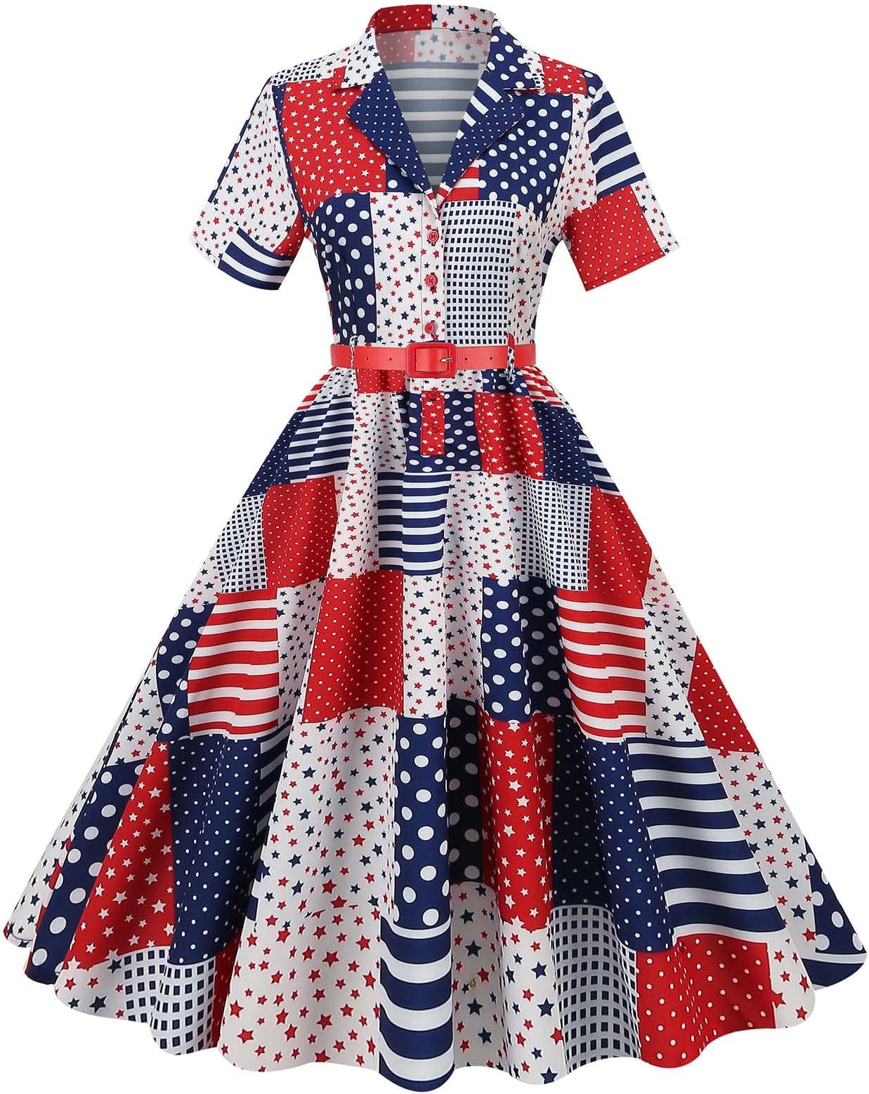 CJHDYM 4th of July Women Cocktail Dress 1950s Retro Stars Striped Swing Dress Button Lapel Short Sleeves Suit Shirt Dress