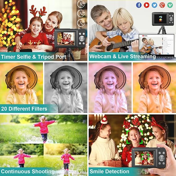 CAMKORY Digital Camera FHD 1080P 44MP Compact Camera 16X Digital Zoom Camera Small Easy Operation Image Stabiliser with 2 Batteries for Children Beginners Boys Girls Black